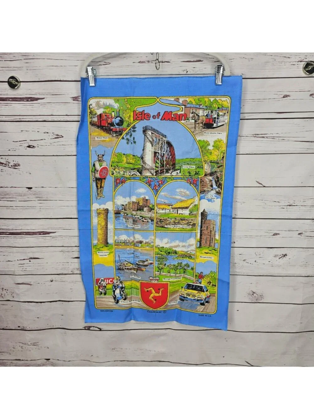 Vintage Isle Of Man Souvenir Tea Towel Featuring Landmarks Laxey Wheel Castle Ru